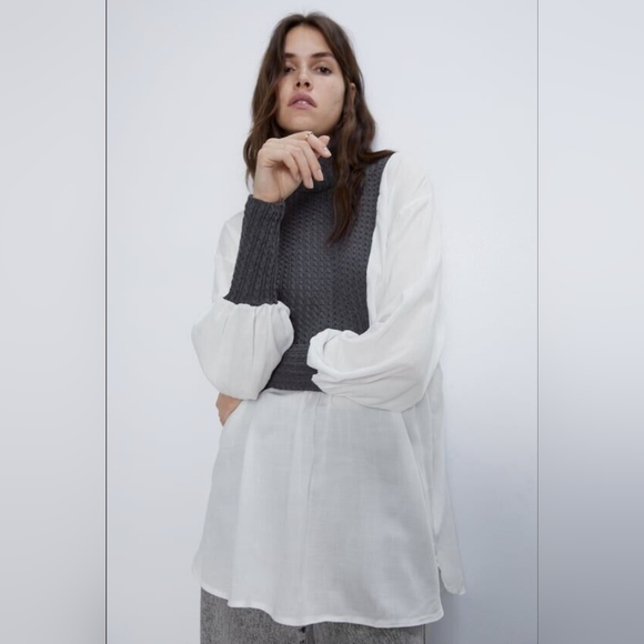 Zara Tops - Zara Contrasting Gray Cable Knit White Poplin Long Sleeve Top/Blouse L Turtlenec